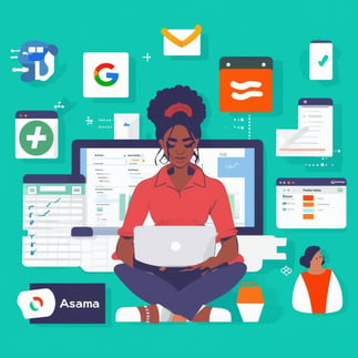 An image of a BIPOC entrepreneur using various essential tools for business growth, including Google Workspace, QuickBooks, Canva, Hootsuite, Slack, H