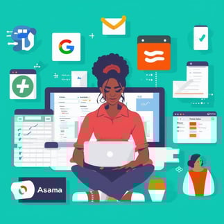 An image of a BIPOC entrepreneur using various essential tools for business growth, including Google Workspace, QuickBooks, Canva, Hootsuite, Slack, H