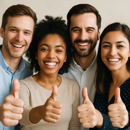 group of people smiling with thumbs up