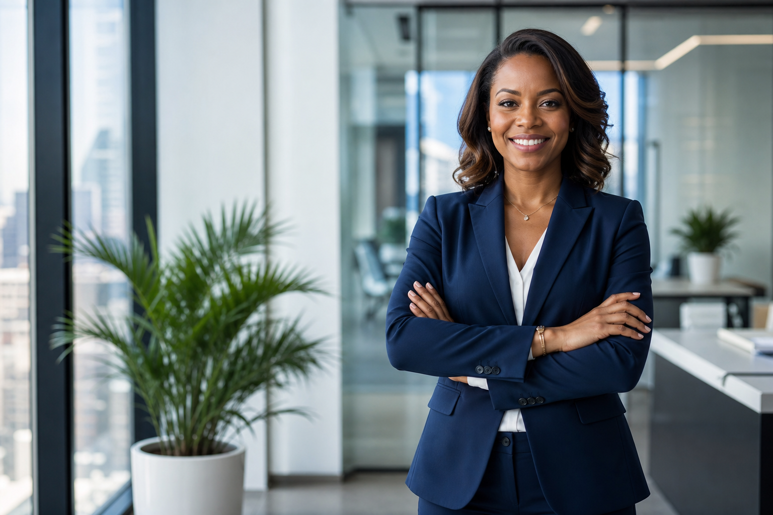 Beautiful Black Woman Smiling in Corporate Setting Wearing Suit